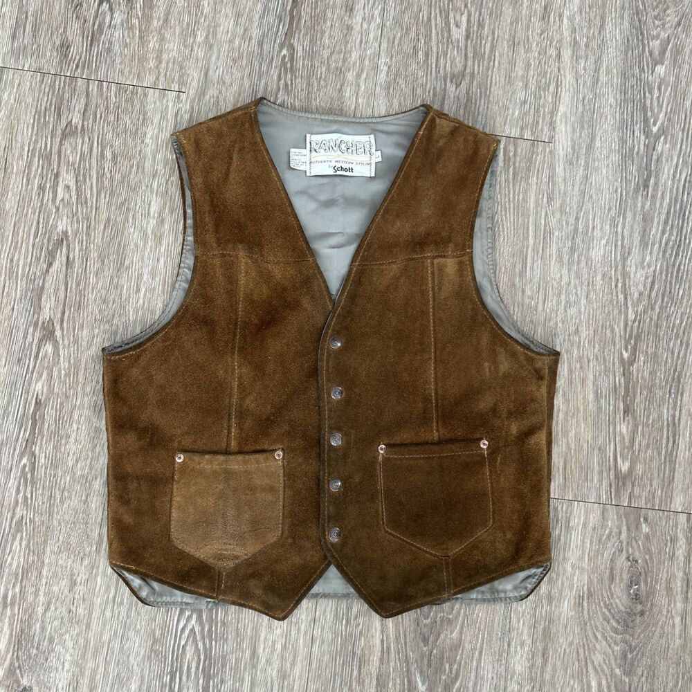 VINTAGE 70s SCHOTT NYC RANCHER SUEDE LEATHER WESTERN VEST USA HERITAGE Large